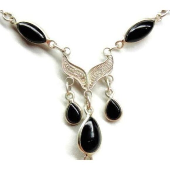 17" Necklace Filigree Black Onyx Teardrop Dangle Chain Vtg Sterling Silver 925 - Picture 1 of 9